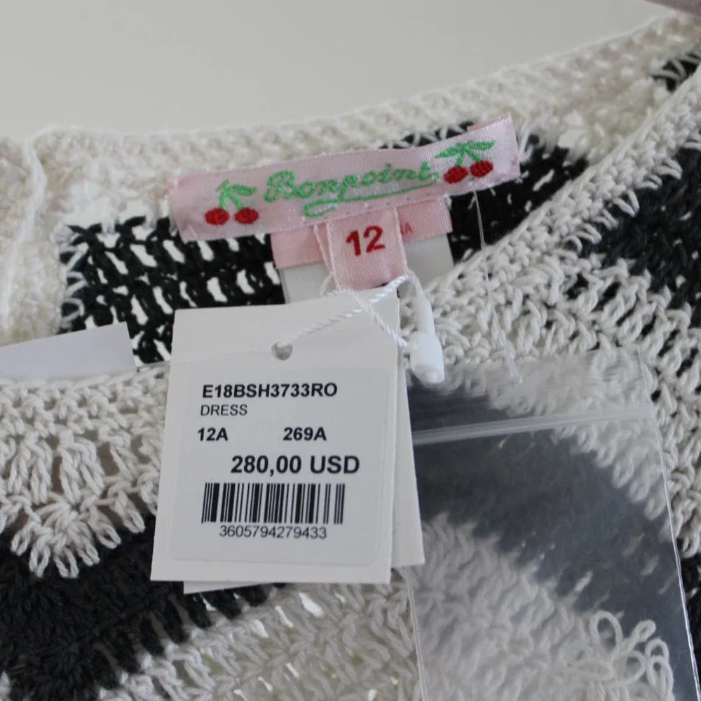 NWT Bonpoint Girl's Crochet Knit Pattern Dress Gray White Chevron 12‎